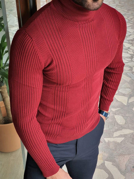 Elko Claret Red Slim Fit Striped Turtleneck Wool Sweater | BOJONI