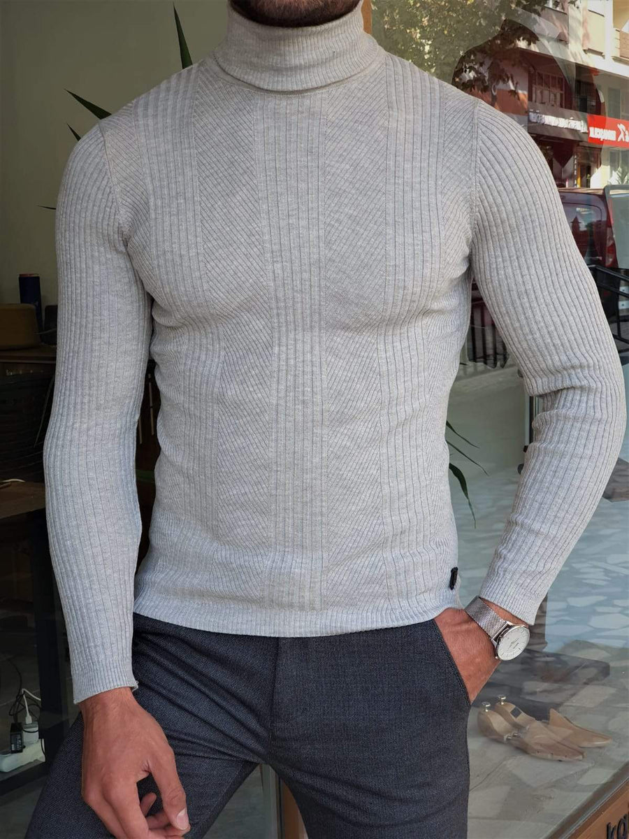 Elko Gray Slim Fit Striped Turtleneck Wool Sweater | BOJONI
