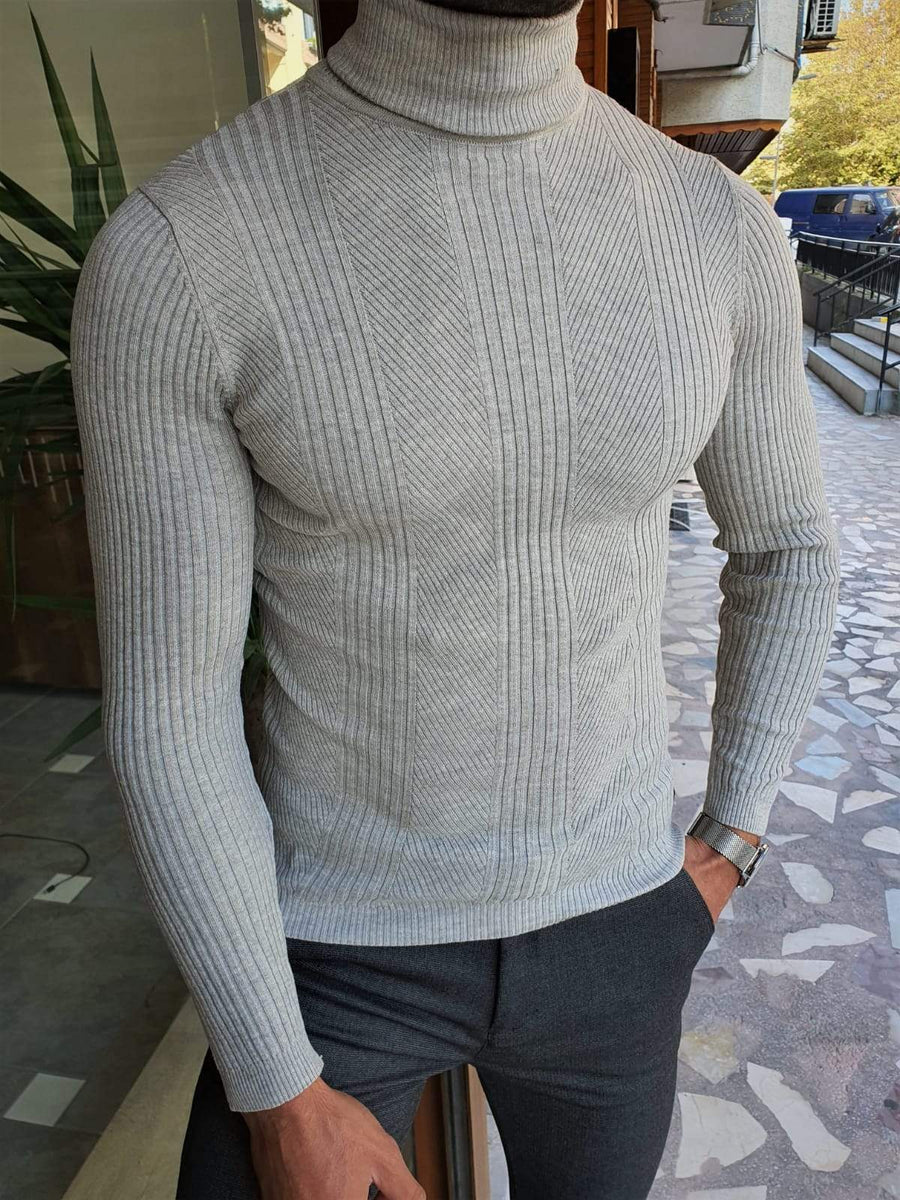 Elko Gray Slim Fit Striped Turtleneck Wool Sweater | BOJONI