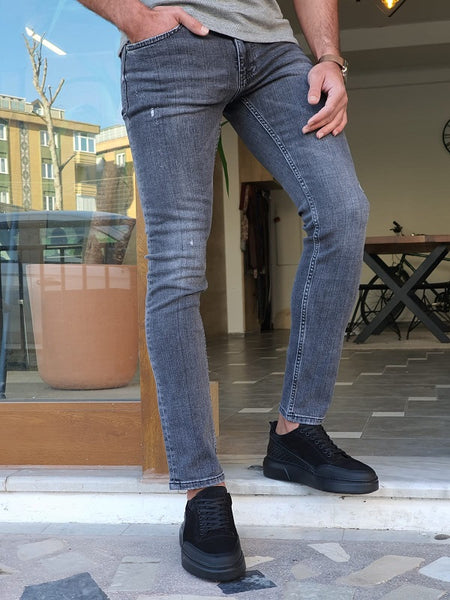 Bastoni Gray Slim Fit Ripped Jeans | BOJONI