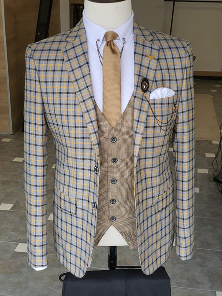 Antinori Yellow Slim Fit Plaid Suit | BOJONI