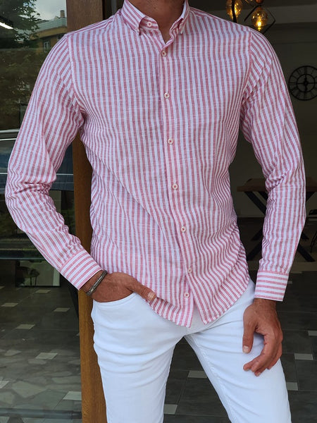 Major Red Slim Fit Long Sleeve Striped Cotton Shirt | BOJONI