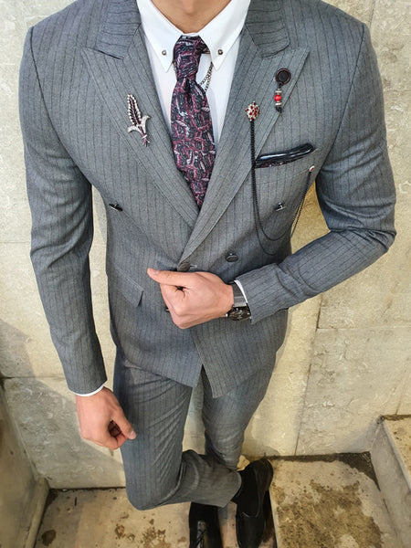 Bojoni Gray Slim Fit Double Breasted Suit | BOJONI
