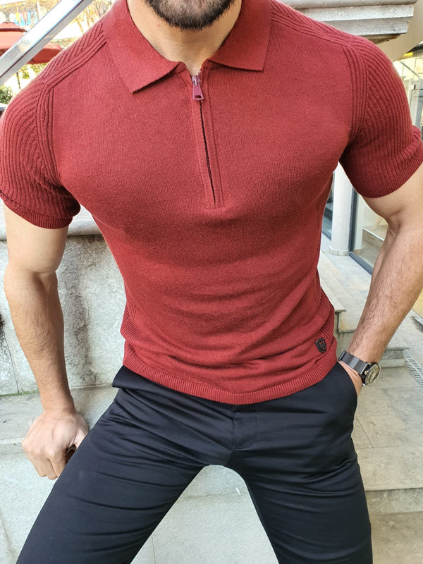 Rawlins Claret Red Slim Fit Collar Neck Zipper Knitwear T-Shirt | BOJONI