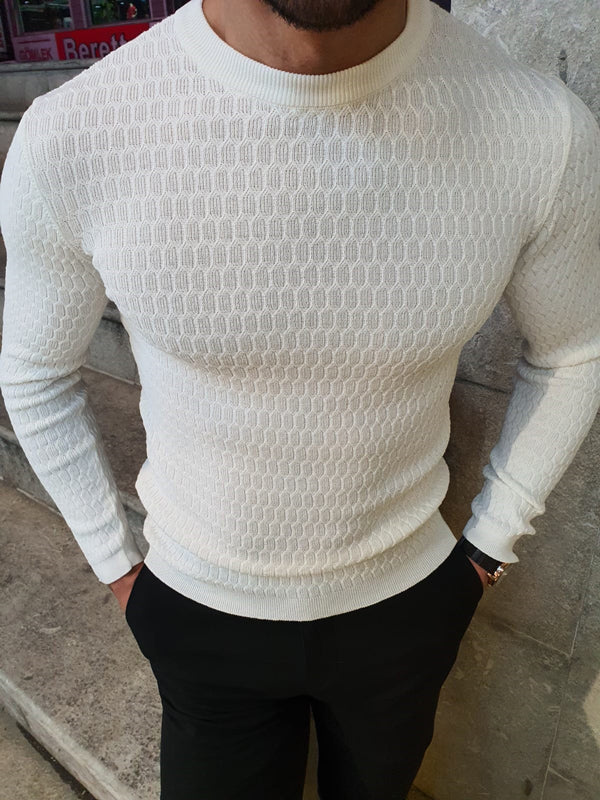Natisk White Slim Fit Crew Neck Sweater | BOJONI