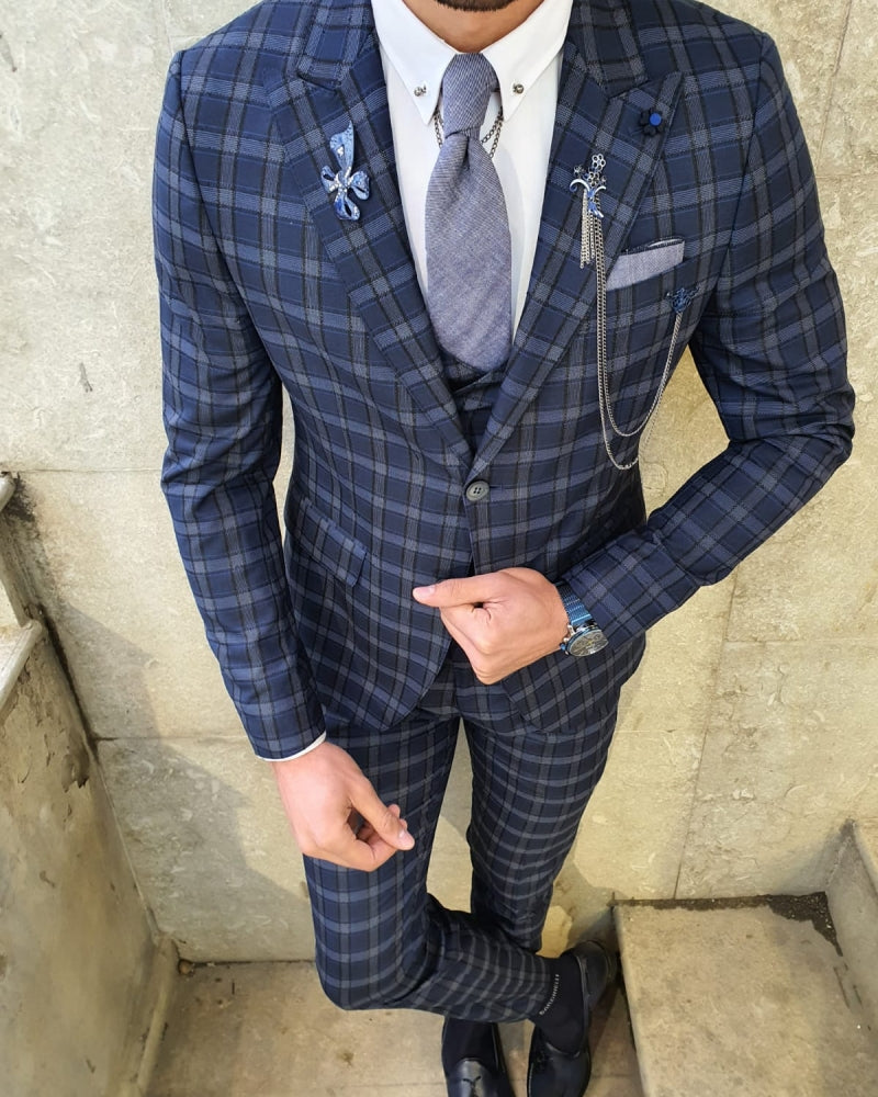 Bojoni Navy Blue Slim Fit Plaid Check Suit | BOJONI