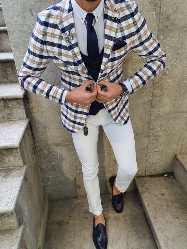 Verno Skyesville White Slim Fit Plaid Suit | BOJONI