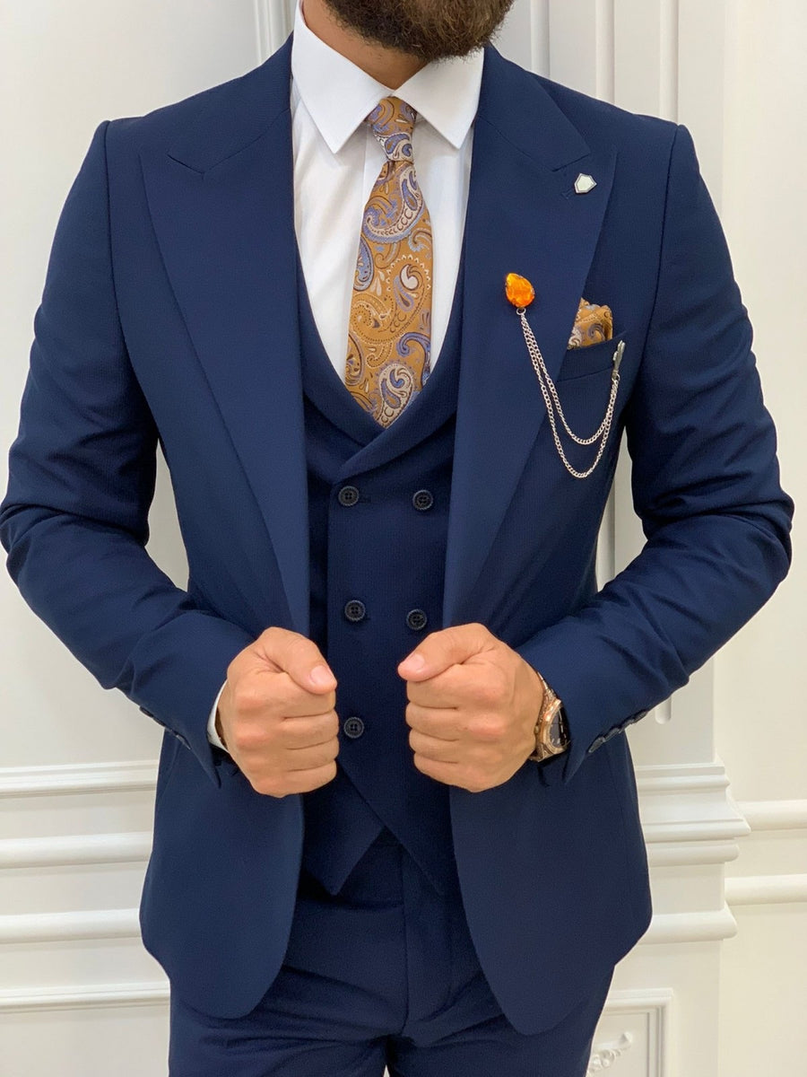 Verona Navy Blue Slim Fit Peak Lapel Suit | BOJONI