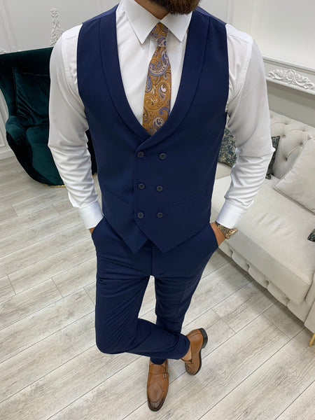 Verona Navy Blue Slim Fit Peak Lapel Suit | BOJONI