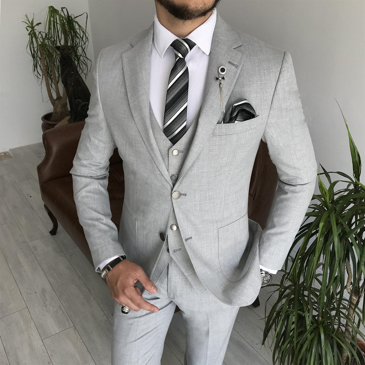 Bojoni Cagliari Grey Slim-Fit Suit 3-Piece | BOJONI