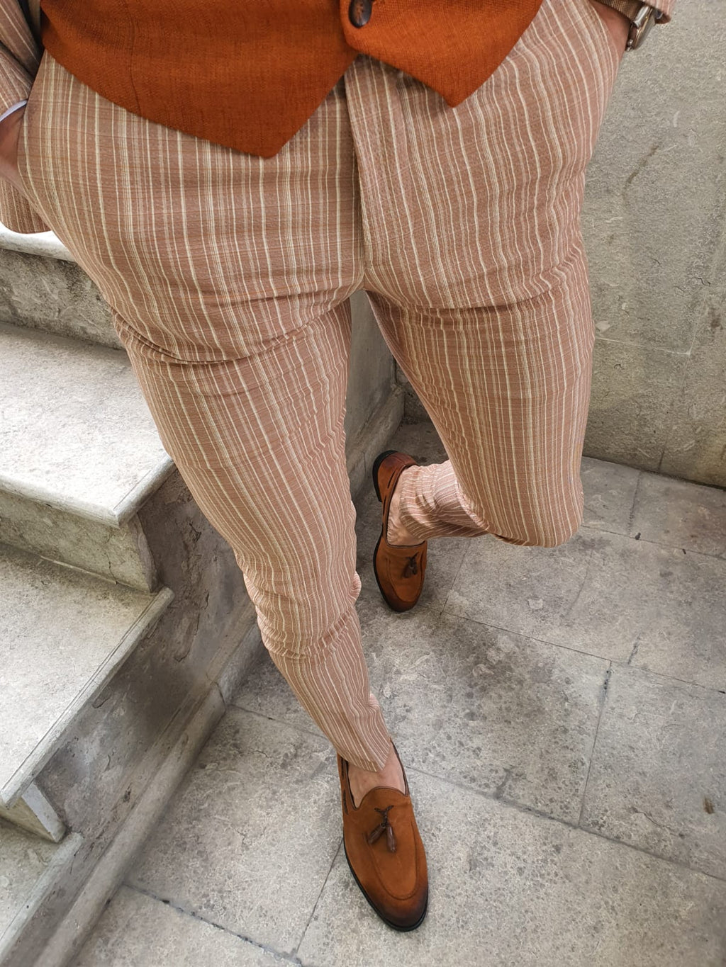 Vicenza Brown Slim Fit Plaid Pants