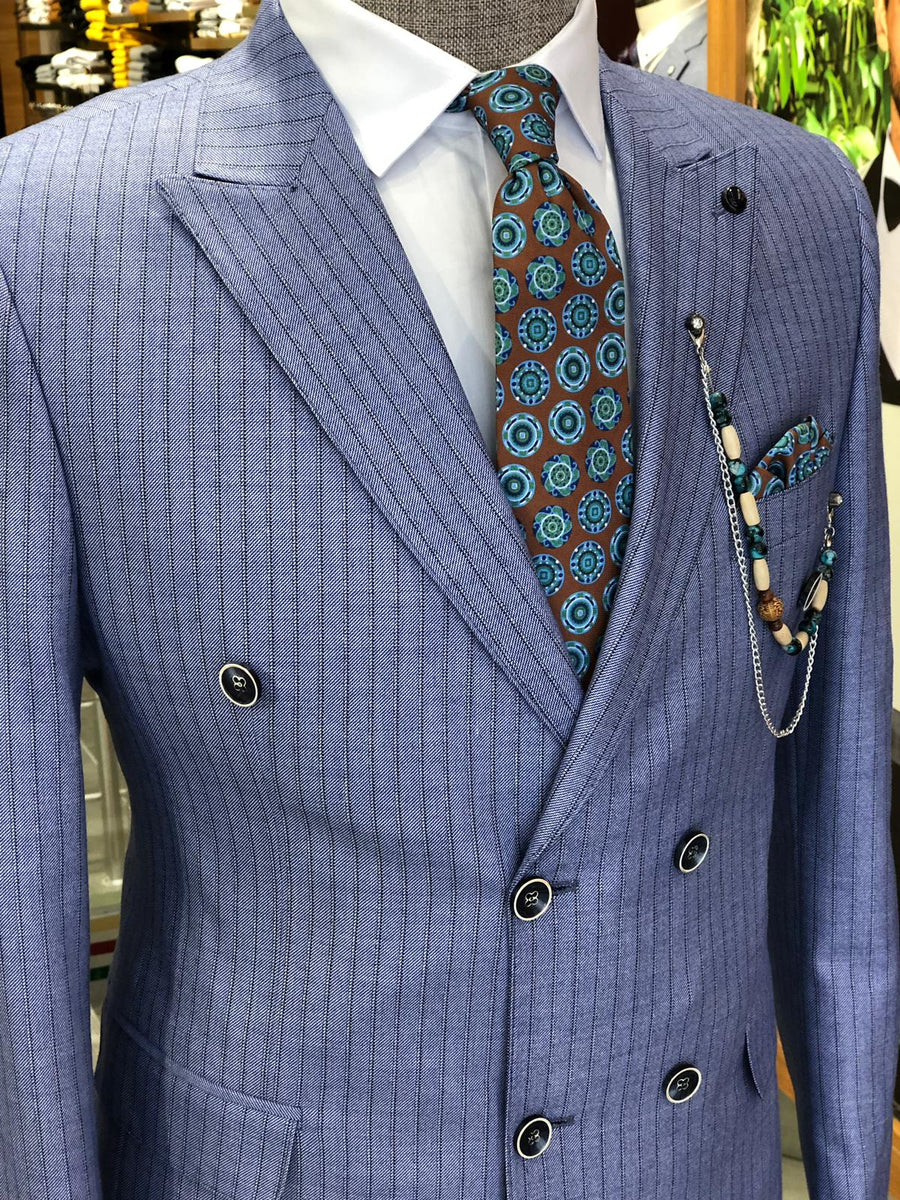 Slim-Fit Striped Double Breasted Suit Blue | BOJONI
