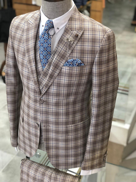 Branoss Slim-Fit Plaid Suit Vest Brown | BOJONI