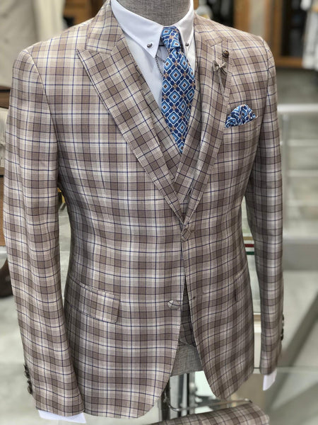 Branoss Slim-Fit Plaid Suit Vest Brown | BOJONI