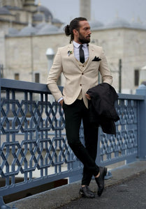 beige blazer blue trousers