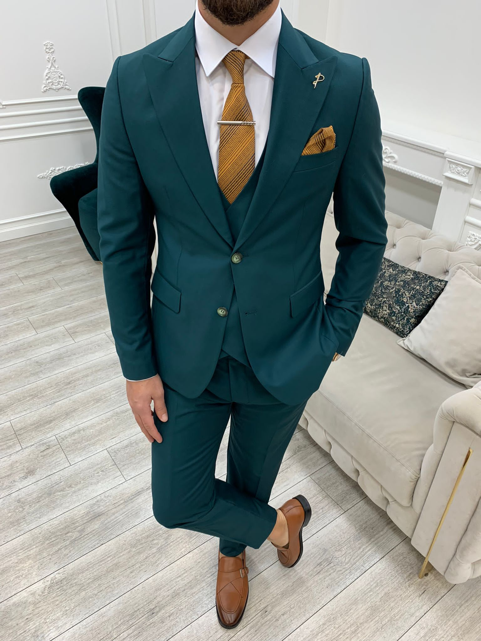 green suit gold tie