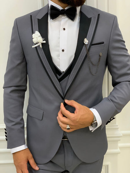 Fettachi Gray Slim Fit Peak Lapel Tuxedo | BOJONI