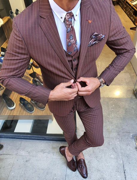 Reno Camel Slim Fit Pinstripe Suit | BOJONI