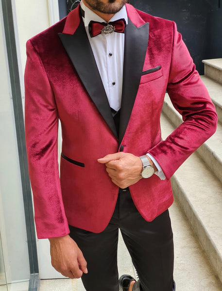 Nocelli Red Slim Fit Peak Lapel Velvet Tuxedo | BOJONI