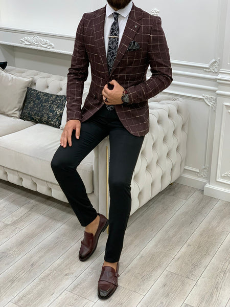 Serra Burgundy Slim Fit Plaid Suit | BOJONI