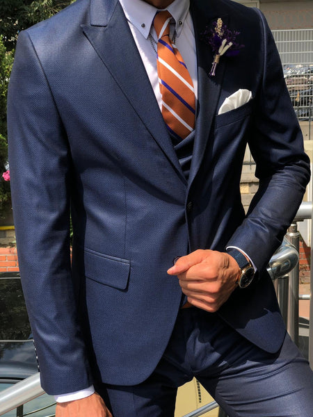 Baha Slim-Fit Patterned Suit Vest Navy Blue | BOJONI