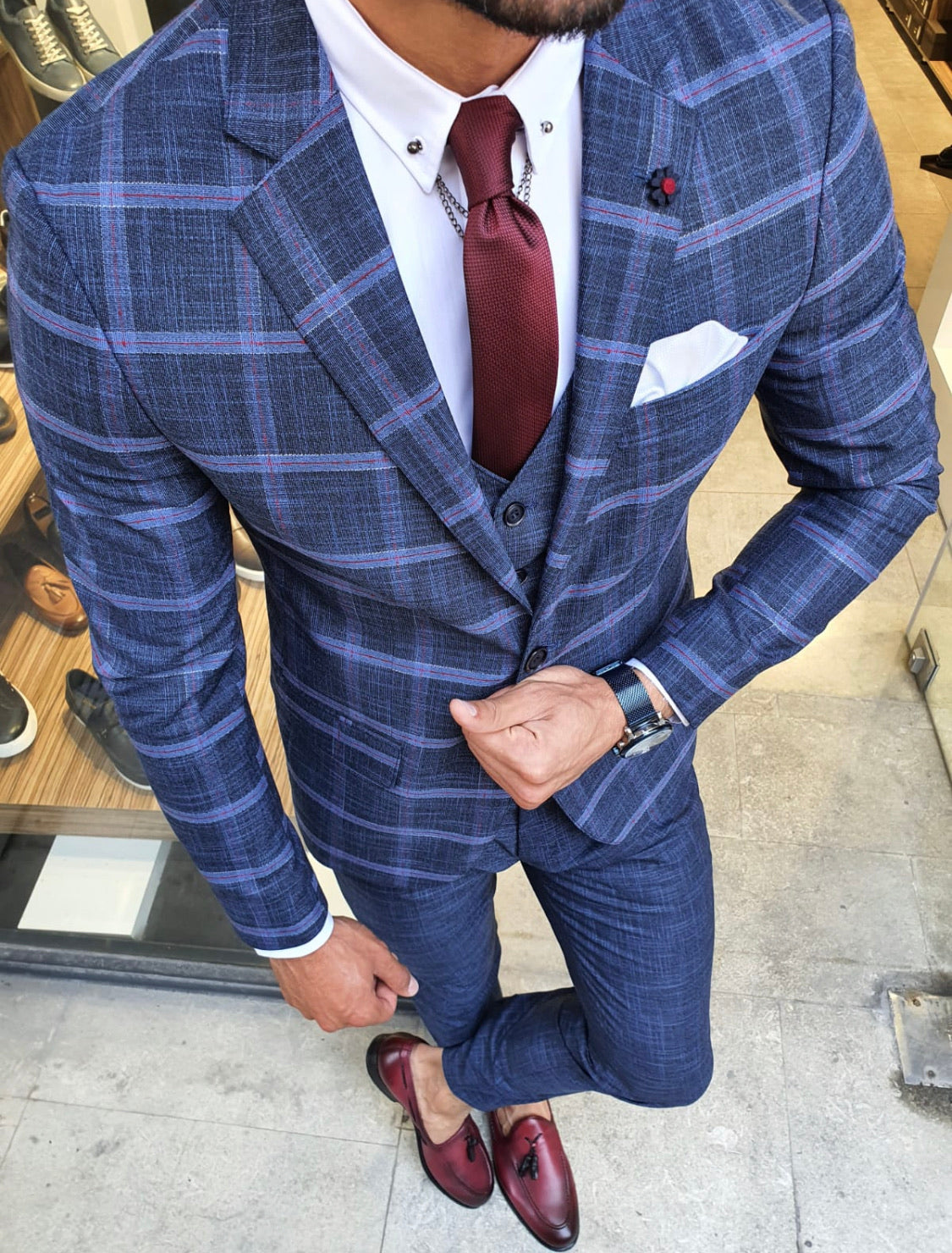 New Bern Indigo Slim Fit Check Plaid Suit | BOJONI