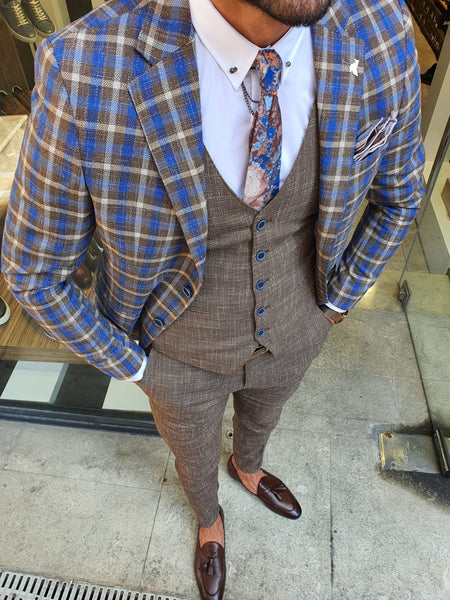 Caravajo Camel Slim Fit Plaid Check Suit | BOJONI