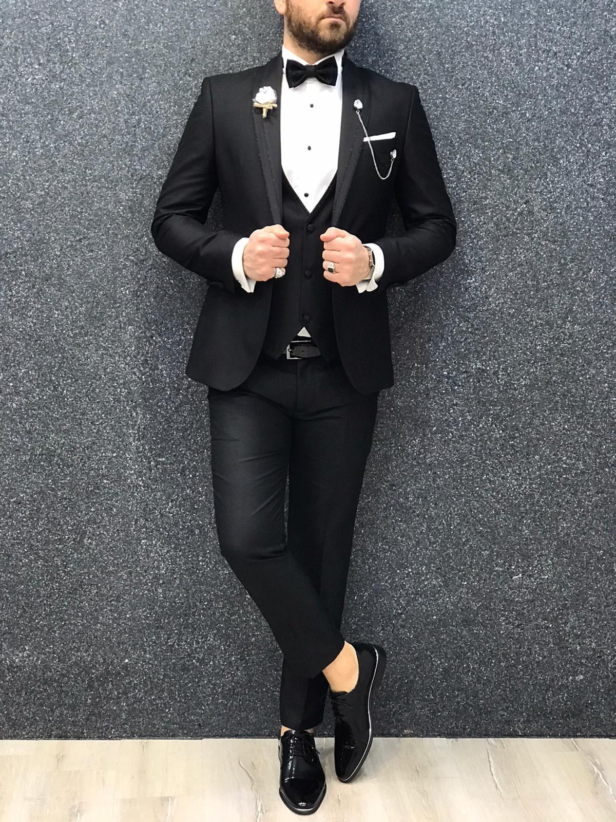 Nova Slim Fit Diamond Black Tuxedo | BOJONI