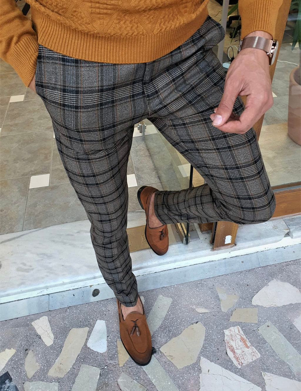 Vicenza Brown Slim Fit Plaid Pants