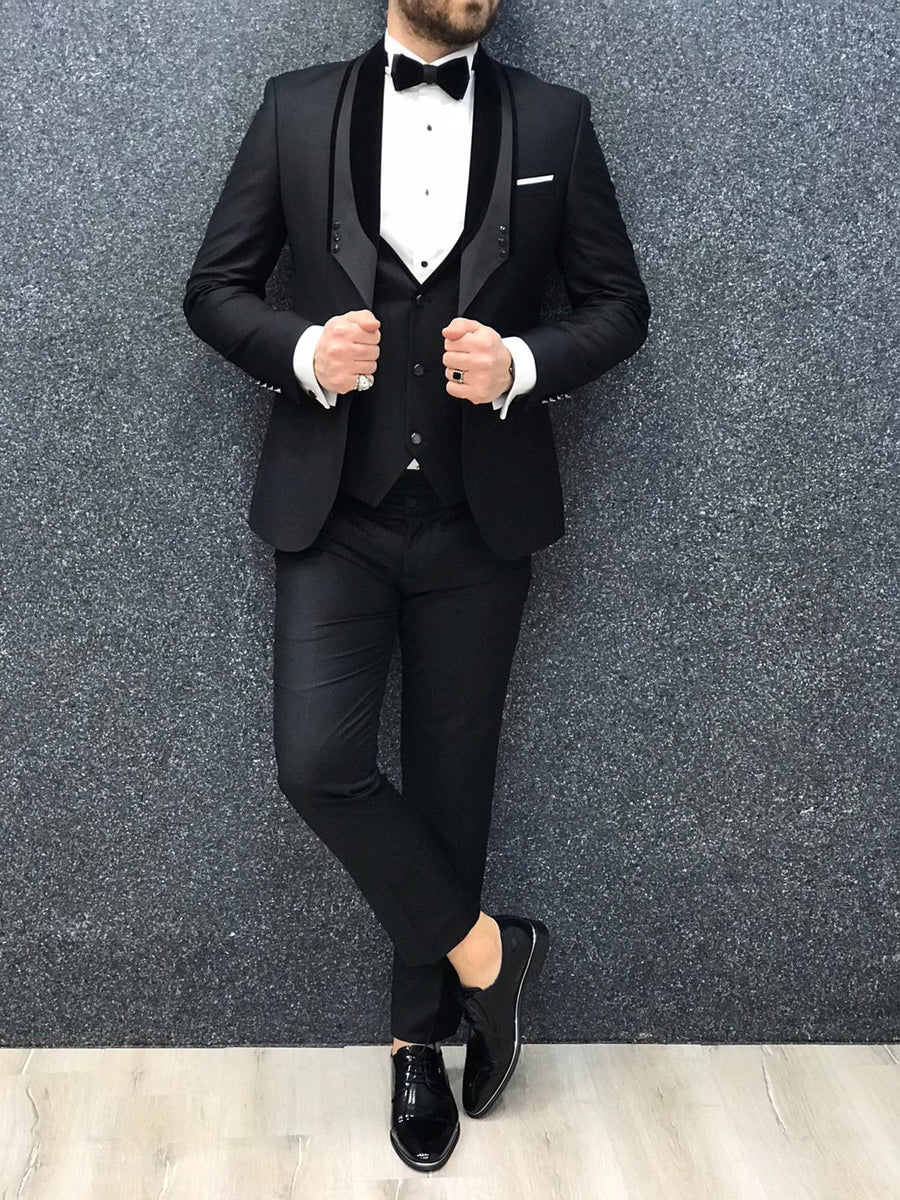 Nova Slim Fit Stone Black Tuxedo | BOJONI