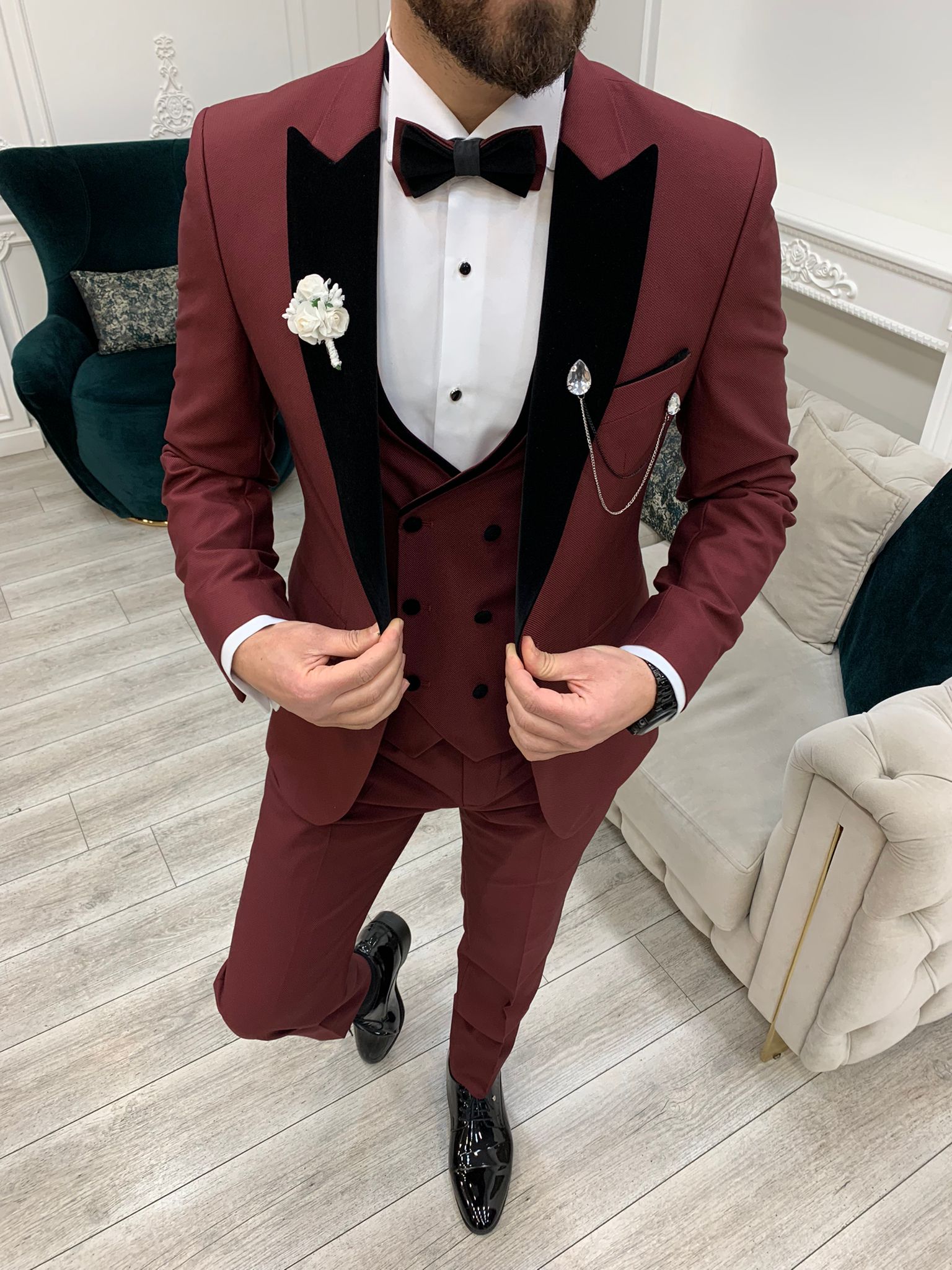 Bojoni Tishko Burgundy Velvet Slim Fit Tuxedo | BOJONI