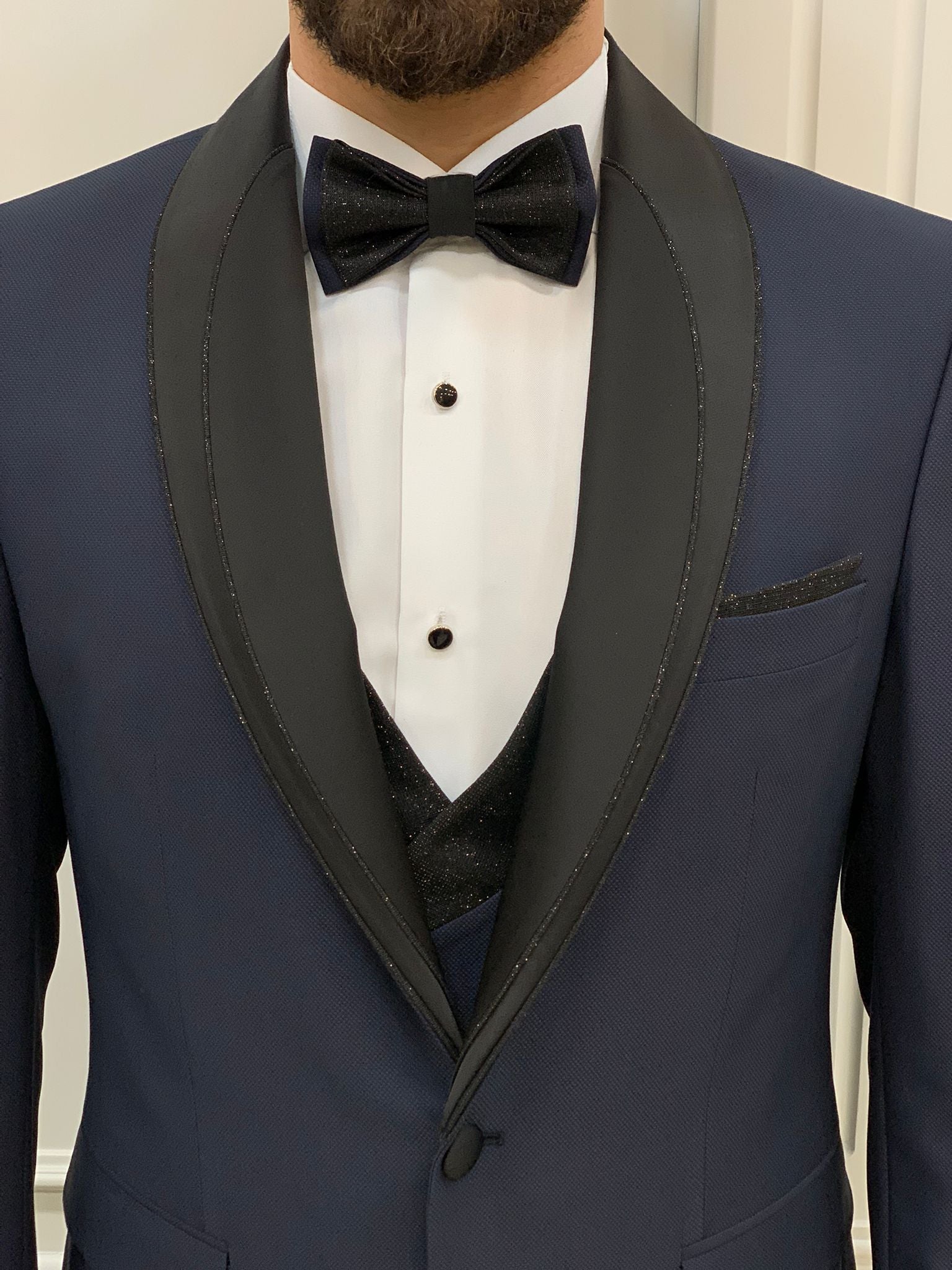 Bojoni Tishko Navy Diamond Shawl Collar Slim Fit Tuxedo | BOJONI
