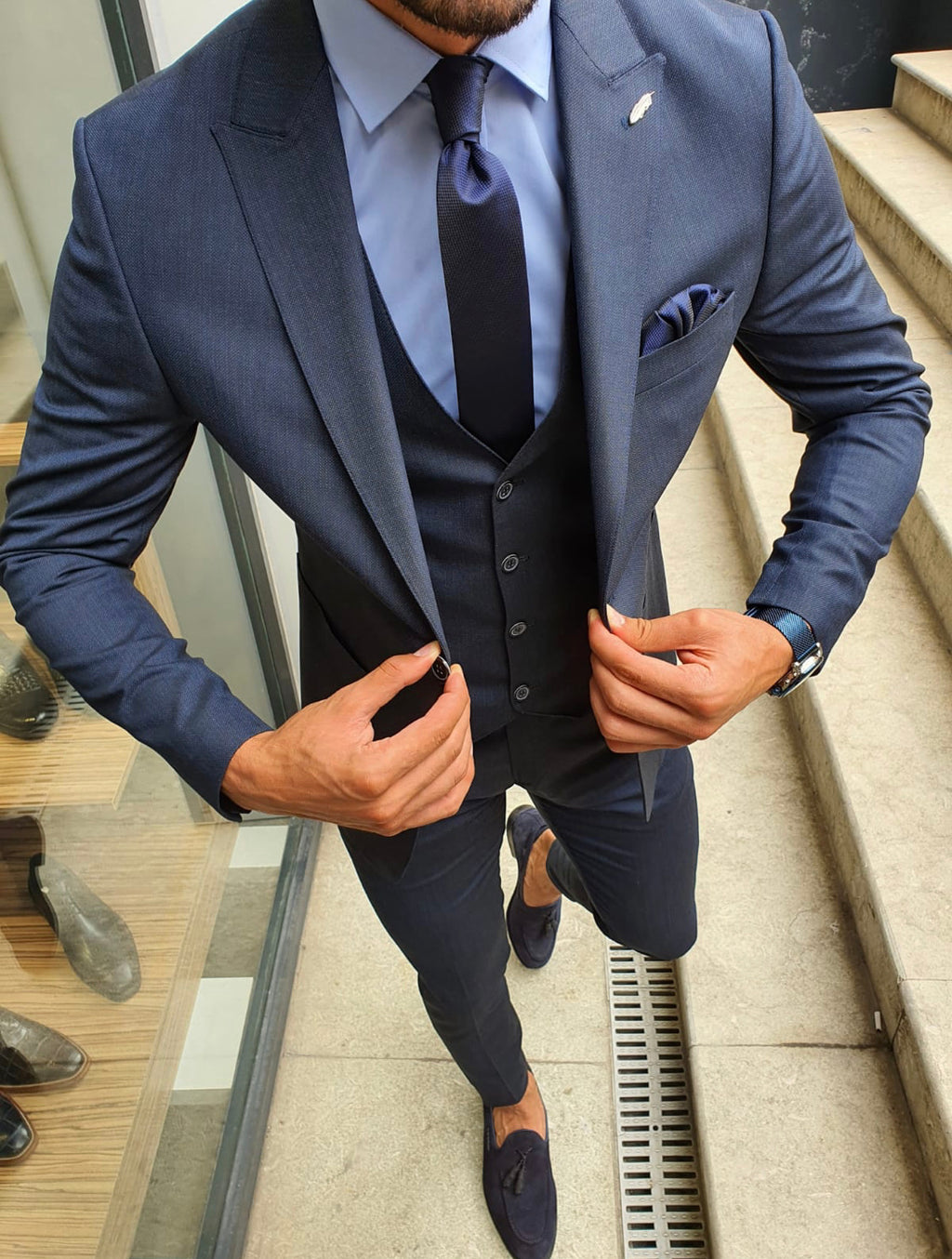 Boston Navy Blue Slim Fit Double Breasted Pinstripe Suit