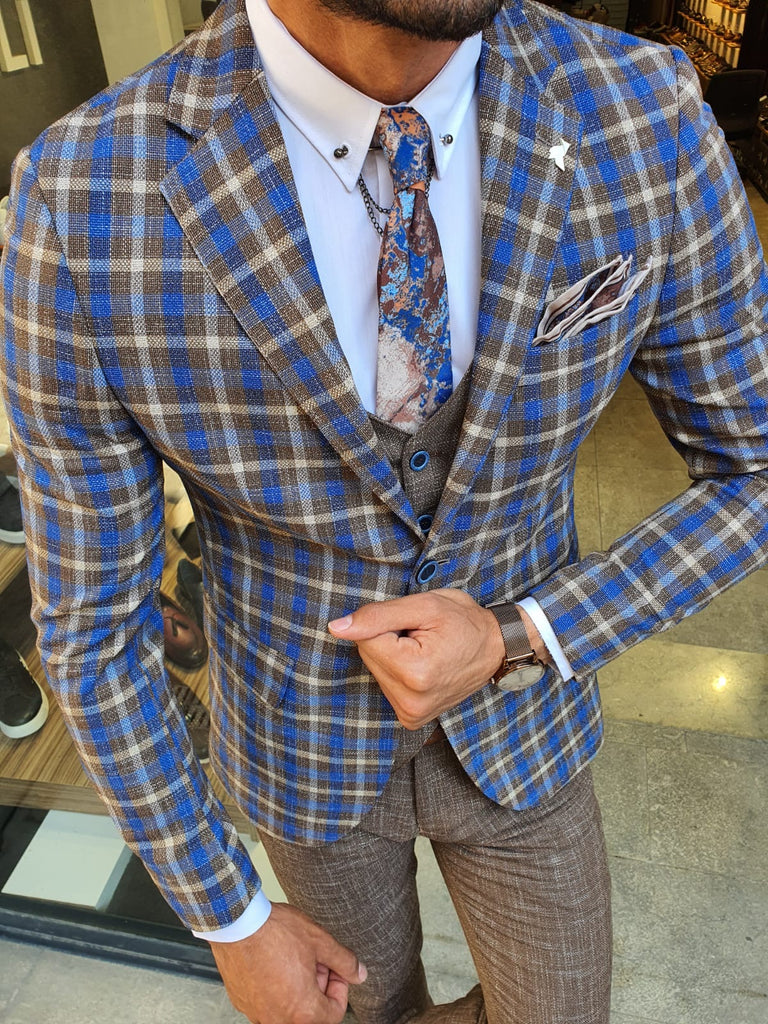 Caravajo Camel Slim Fit Plaid Check Suit | BOJONI