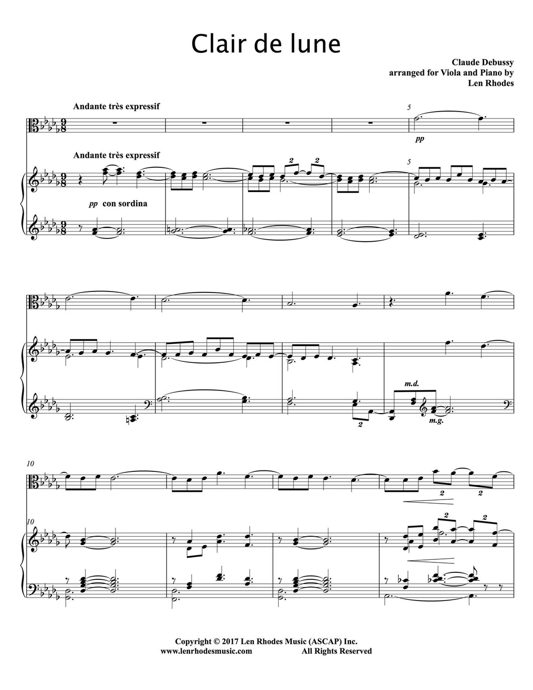 Debussy Clair De Lune For Viola And Piano Len Rhodes Music Inc