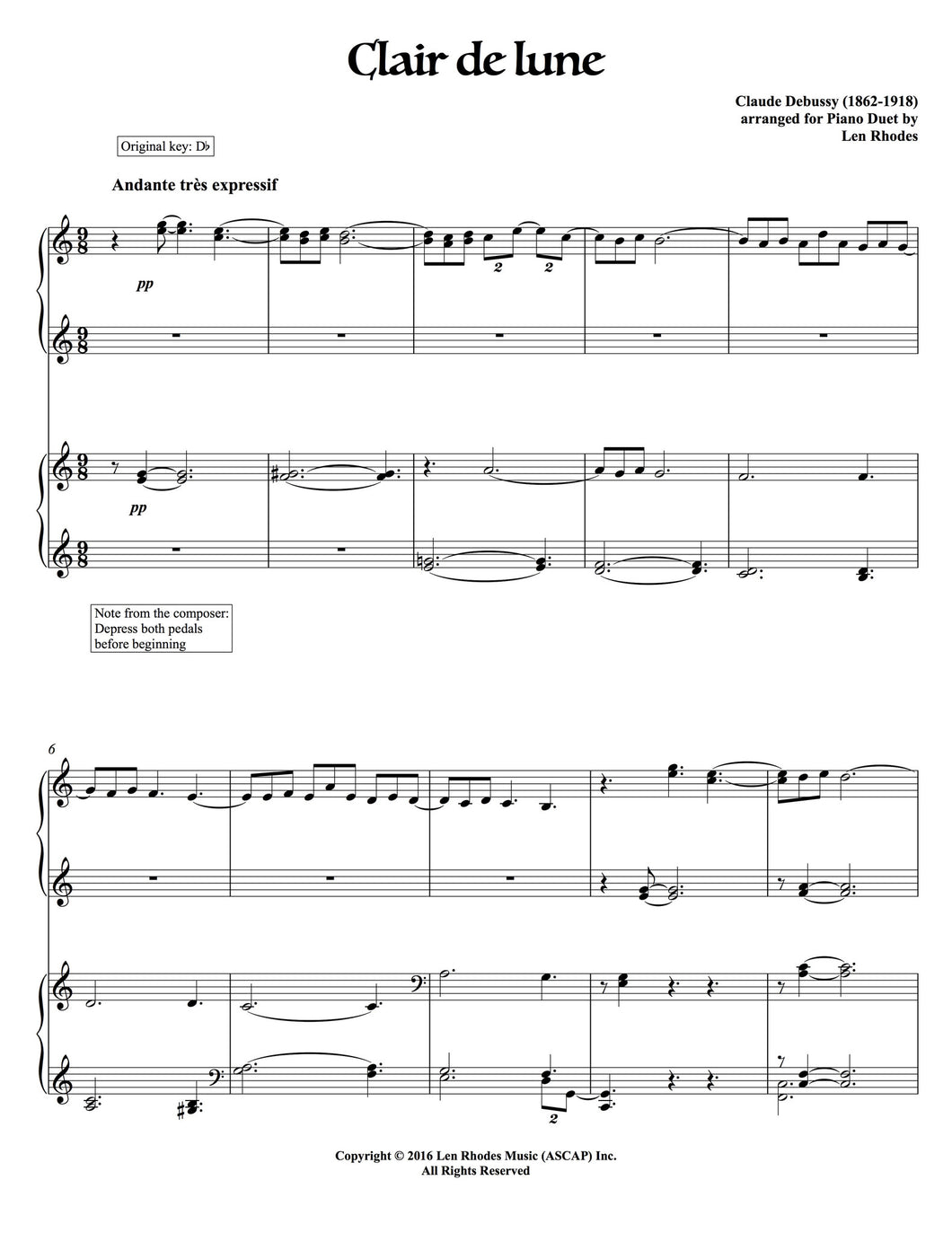 Debussy Clair De Lune Arranged For Piano Duet Len Rhodes Music Inc