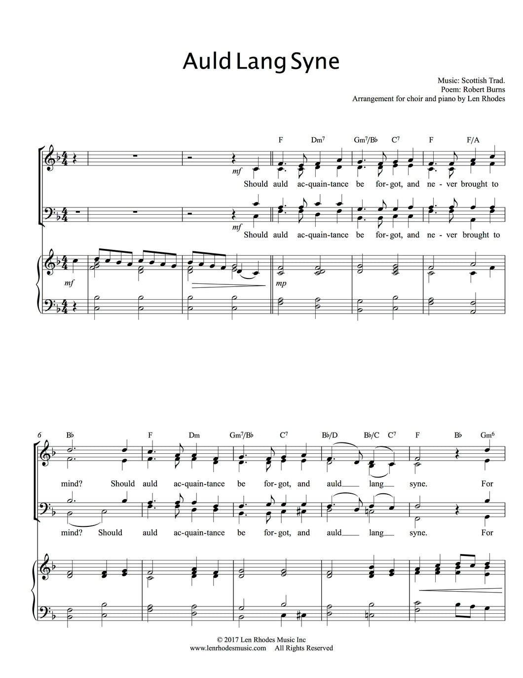 Auld Lang Syne - for SATB Choir and Piano/Guitar – Len Rhodes Music Inc.