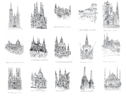 Multiple Architectural Travel Sketches drawn by Eric Jacoby