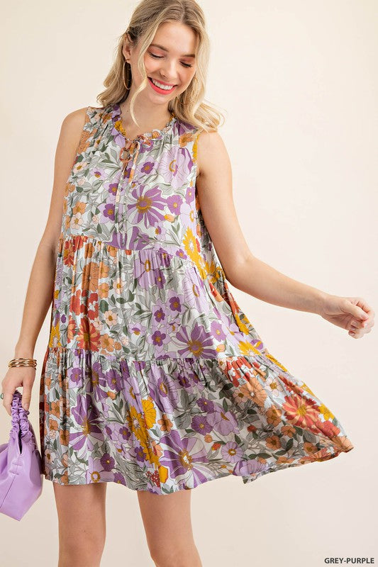 Ariel Ruffle Collar Floral Halter Dress-Purple