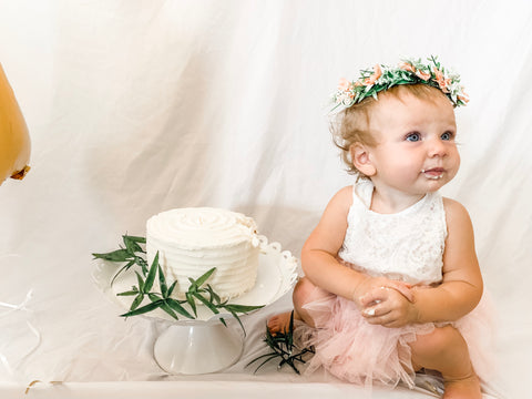 simple boho first birthday girl white pink gold greenery floral wild one smash cake