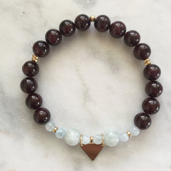 red garnet and aquamarine pregnancy bracelet with gold triangle charm