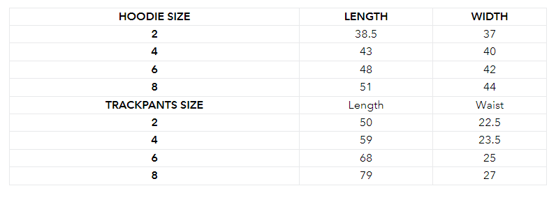 Geedup Kids Tracksuit Size Chart