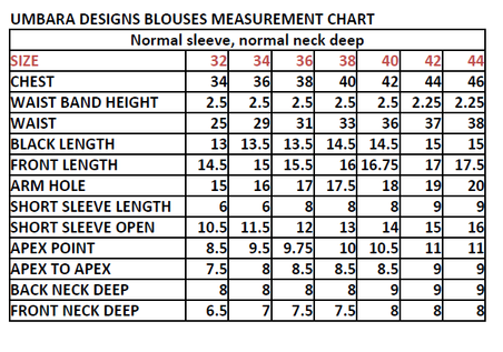 Size chart and Measurements – Umbara Designs