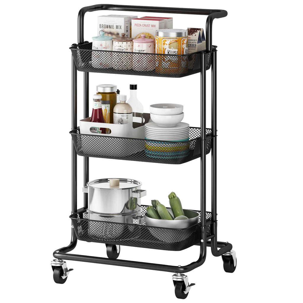 3-Tier Rolling Utility Cart, Mesh Trolley Service Cart wi