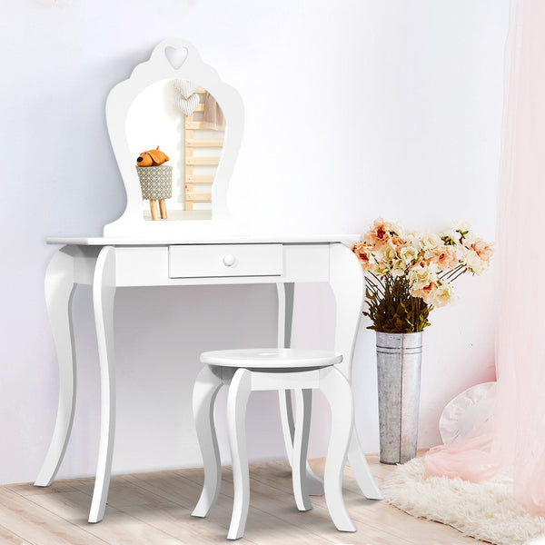 Keezi White Kids Vanity Dressing Table Stool Set Mirror Princess Children Makeup