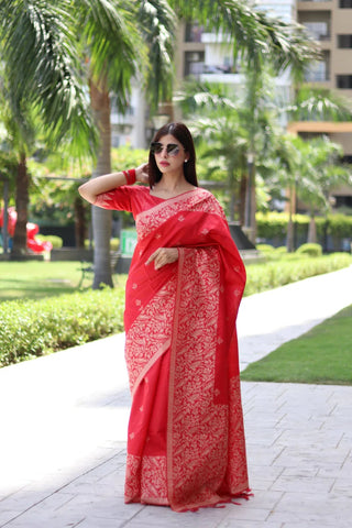 Aastha Fashion Red Woven Handloom Raw Silk Saree with Blouse
