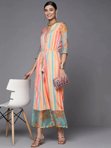 Ahalyaa Coral Orange & Blue Candy Striped Basic Jumpsuit