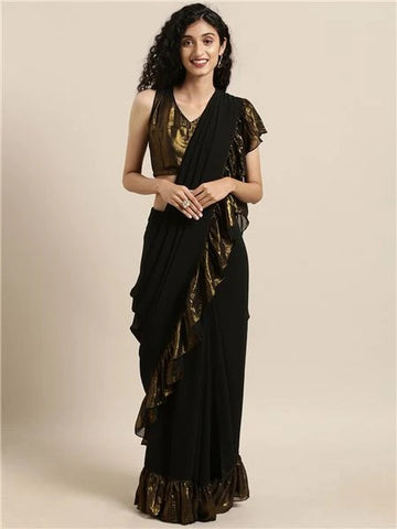 Ahalyaa Women's Black Georgette Ruffles Ready to Wear Saree