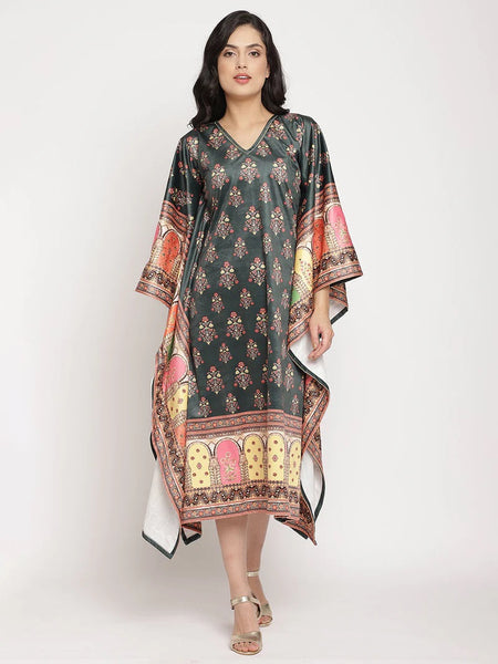 Ahalyaa Women's Dark Green Velvet Kaftan with Digital Print