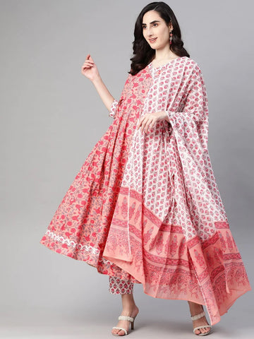 Ahika Women's Pink and White Printed Pure Cotton Anarkali Angrakha Kurta Set